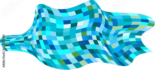 Patchwork quilt made of blue cells. Quilted fabric. Square fields from a bird's eye view. Autumn harvest. Checkered background with distorted squares. Distortion chess pattern. Chessboard surface.
