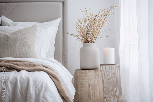 Modern house interior details. Simple cozy beige bedroom interior with bed headboard, linen bedding, bedside table and natural decorations, closeup. Ai generative