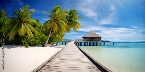 A wooden walkway leads to a beach with palm trees and a palm tree in the background, A beach scene with a palm tree and a beach hut, generative Ai 