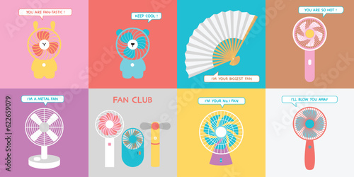 Cute set of cards with hand fans. Funny inscriptions. Flat style. Electric fan icons