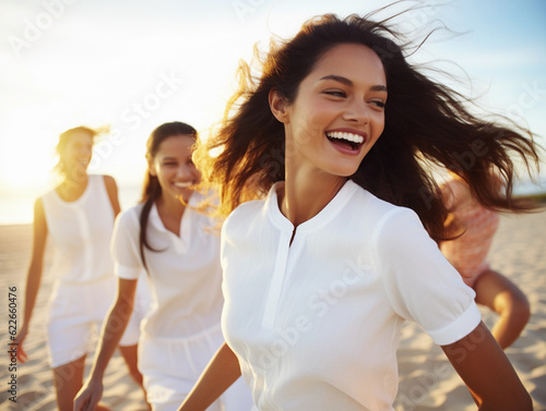 smiling girls playing volleyball, sport team, photo created with Generative AI technology