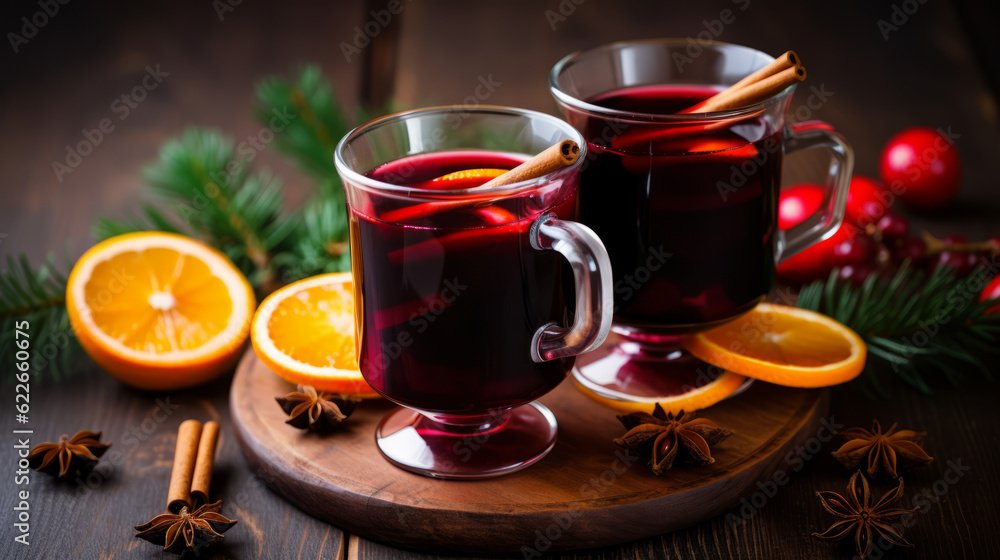 Mulled Wine with orange and spice close-up view Mulled Wine with orange and spice close-up view
