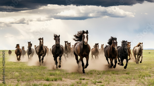Hoard of mustang horse running in middle of Midwest panorama