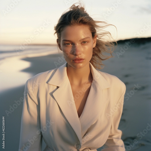 portrait of beautiful young woman on the beach, soft sunset, photo created with Generative AI technology