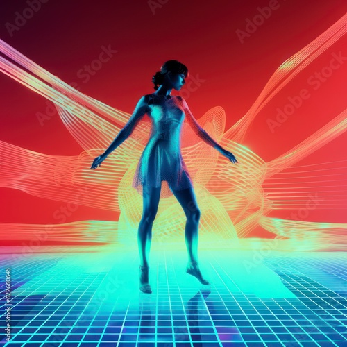 anaglyph 3D photograph of a full body woman, dance floor background, stylized  photo