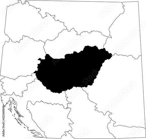 Map of an outline of the country of Hungary highlighted in black isolated on a white background with the surrounding countries outlined