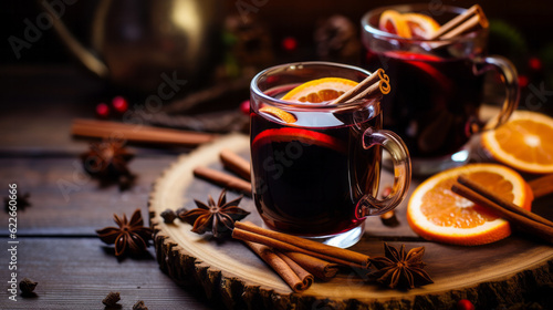 Mulled Wine with orange and spice close-up view photo