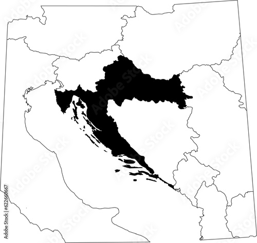 Map of an outline of the country of Croatia highlighted in black isolated on a white background with the surrounding countries outlined