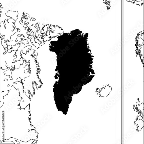 Map of an outline of the country of Greenland highlighted in black isolated on a white background with the surrounding countries outlined