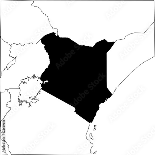 Map of an outline of the country of Kenya highlighted in black isolated on a white background with the surrounding countries outlined