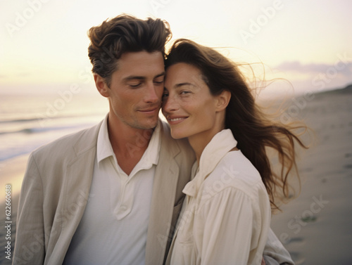 couple smilling and hugging at the beach, closeup, summer evening, photo created with Generative AI technology