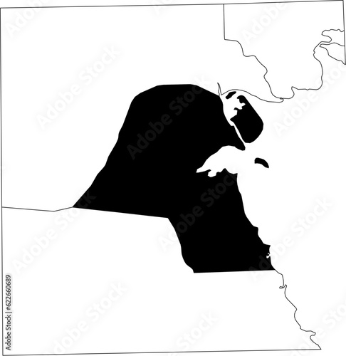 Map of an outline of the country of Kuwait highlighted in black isolated on a white background with the surrounding countries outlined