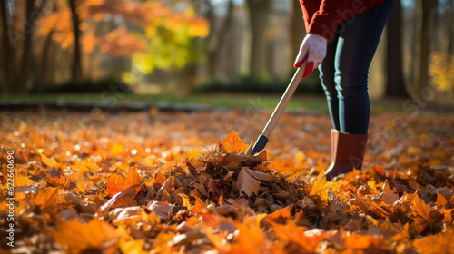 Person rake leaves in autumn