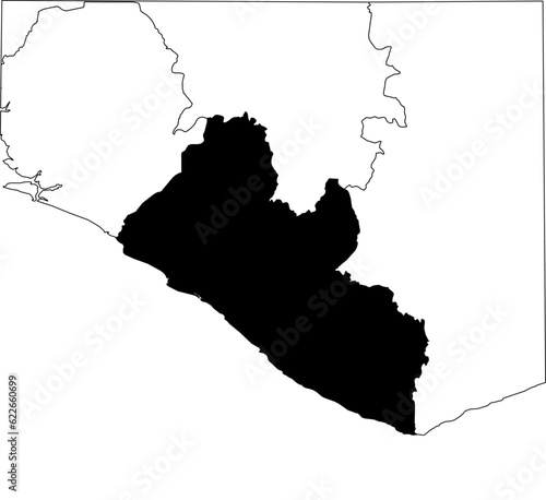 Map of an outline of the country of Liberia highlighted in black isolated on a white background with the surrounding countries outlined