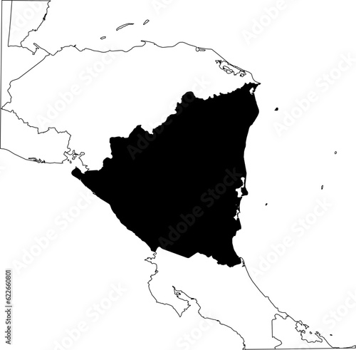 Map of an outline of the country of Nicaragua highlighted in black isolated on a white background with the surrounding countries outlined