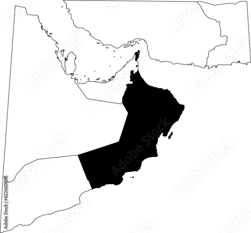 Map of an outline of the country of Oman highlighted in black isolated on a white background with the surrounding countries outlined