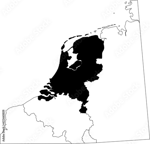 Map of an outline of the country of Netherlands highlighted in black isolated on a white background with the surrounding countries outlined