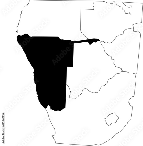 Map of an outline of the country of Namibia highlighted in black isolated on a white background with the surrounding countries outlined