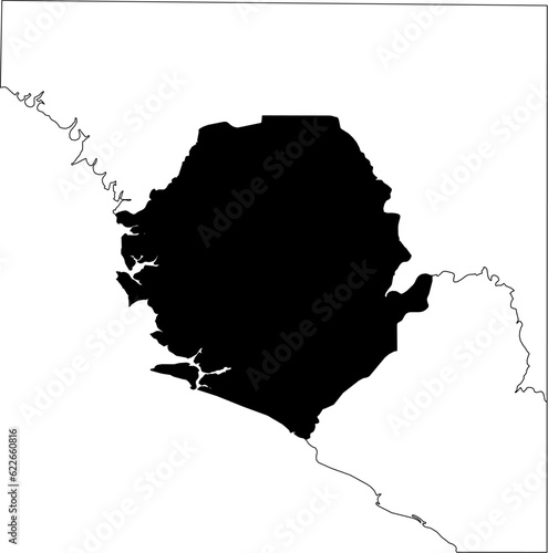Map of an outline of the country of Sierra Leone highlighted in black isolated on a white background with the surrounding countries outlined