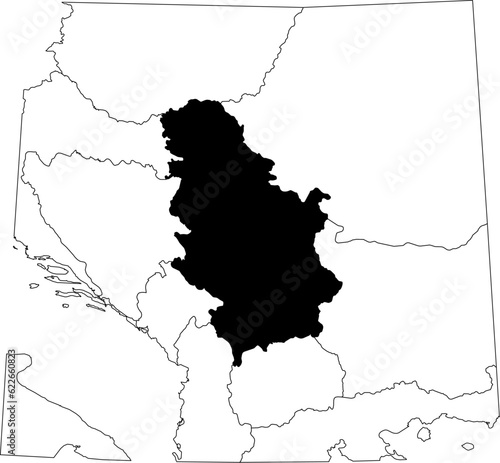 Map of an outline of the country of Republic of Serbia highlighted in black isolated on a white background with the surrounding countries outlined