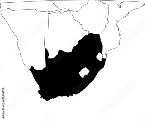 Map of an outline of the country of South Africa highlighted in black isolated on a white background with the surrounding countries outlined