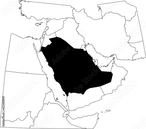 Map of an outline of the country of Saudi Arabia highlighted in black isolated on a white background with the surrounding countries outlined