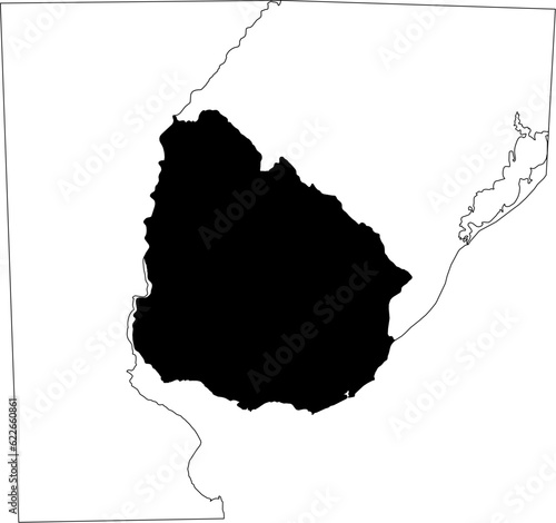 Map of an outline of the country of Uruguay highlighted in black isolated on a white background with the surrounding countries outlined