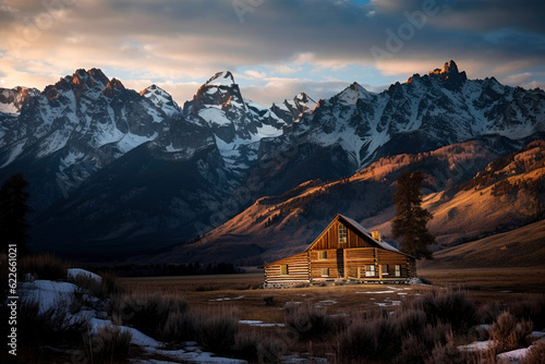 house in the mountains at sunset - generative ai