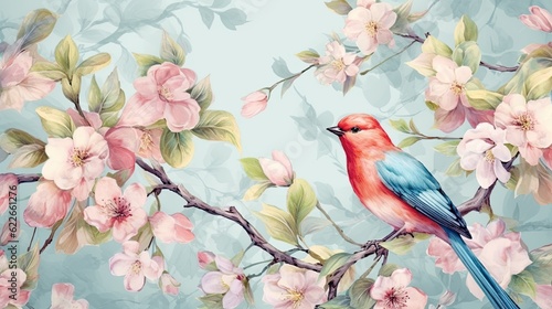 Watercolor Bird Sitting on a branch with flowers © Ai Expert