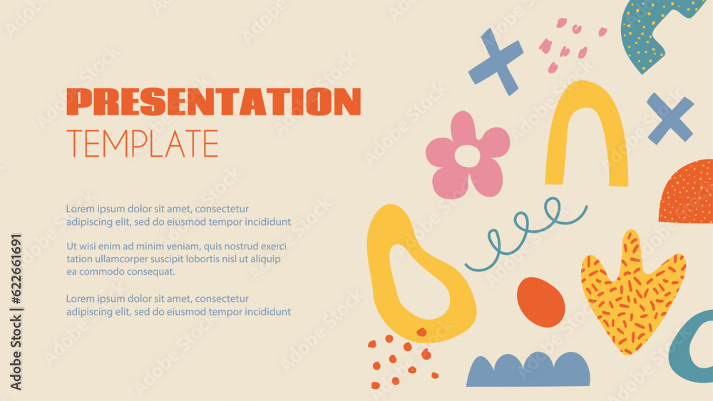 Abstract Y2K naive presentation template with hand drawn organic doodle shapes. Vector banner in 70s groovy retro style