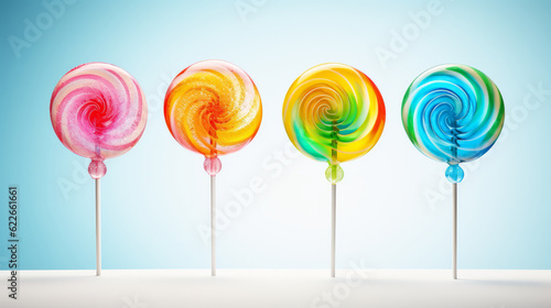 Several colorful lollipops candies isolated on blue background