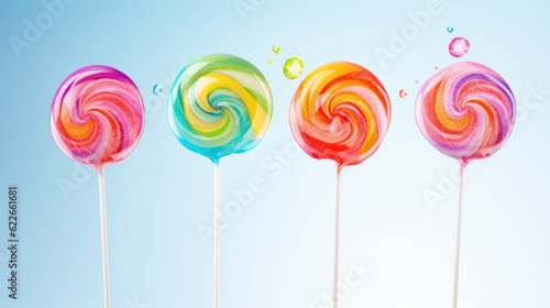 Several colorful lollipops candies isolated on blue background © Keitma