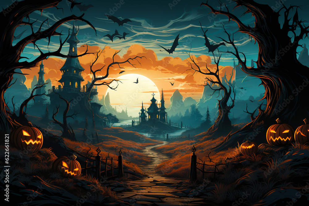 Halloween night landscape with pumpkins, bats and copy space