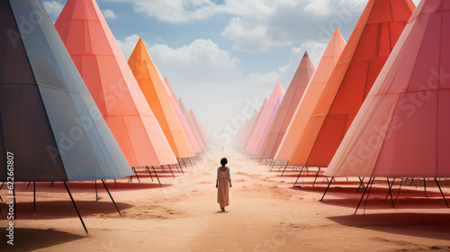 Back view of a woman walking in middle of triangular tents of all colors