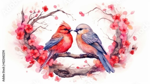 Cute Watercolor Hummingbirds couple with heart shape flowers