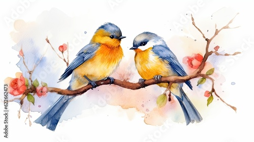 Cute Watercolor Hummingbirds couple on a branch © Ai Expert