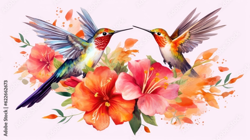 Cute Watercolor Hummingbirds with flowers