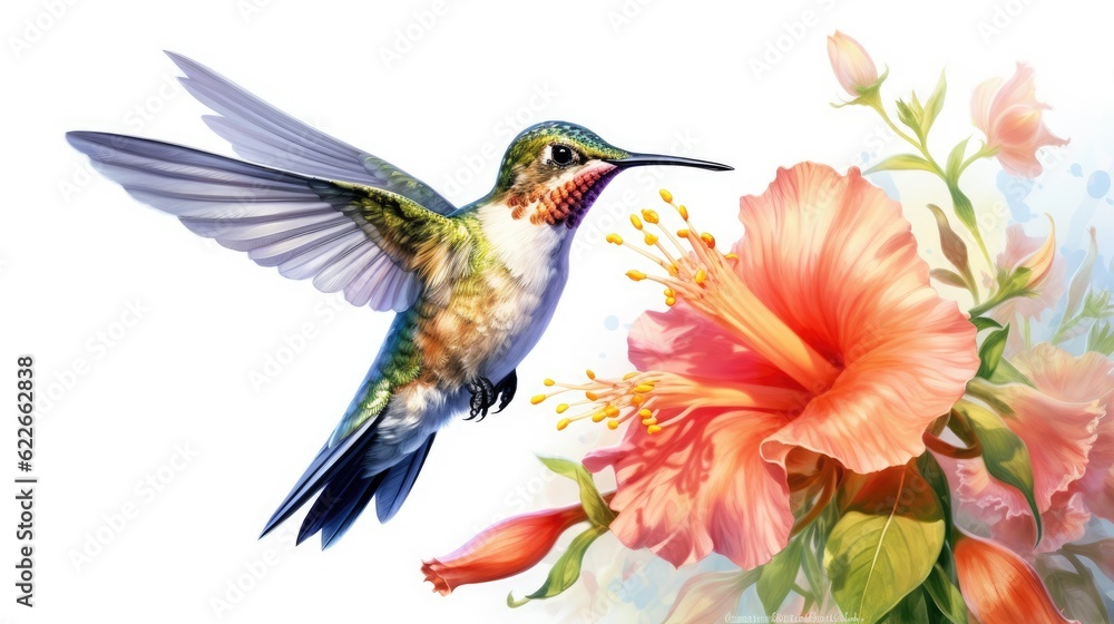 A Watercolor Hummingbird with flowers over white background
