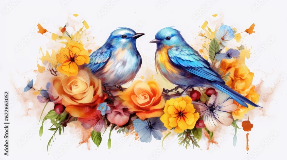 Cute Watercolor Birds Couple with flowers