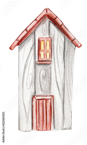 An old wooden house . An old rusty enamel element. Hand drawn watercolor illustration. Perfect for wedding invitation, greetings card, posters. © Leila