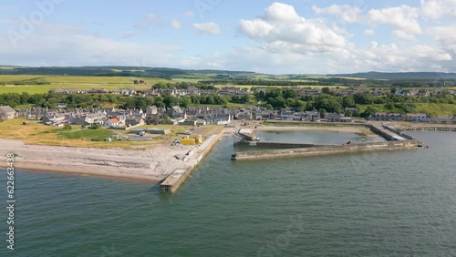 Aerial drone video of the coastal town Portgordon in Scotland photo
