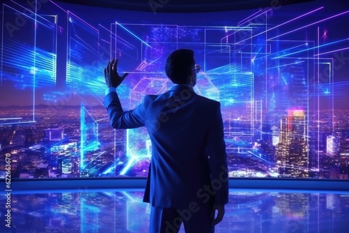 businessman or corporate employee uses holographic interface to manage business, Generative AI photo