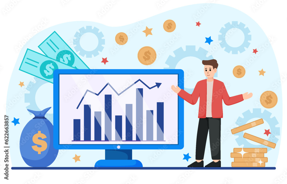 Characters management finance technology. Calculating and analyzing personal or corporate budget, managing financial income. Vector illustration Characters management finance technology. Calculating and analyzing personal or corporate budget, managing financial income. Vector illustration