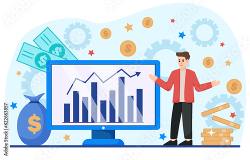 Characters management finance technology. Calculating and analyzing personal or corporate budget, managing financial income. Vector illustration