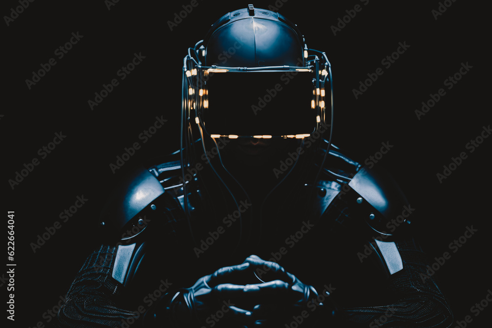 Fototapeta premium futuristic data guard in VR headset on dark black background, Generative AI