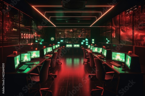 data surveillance center with red and green neon lights  Generative AI