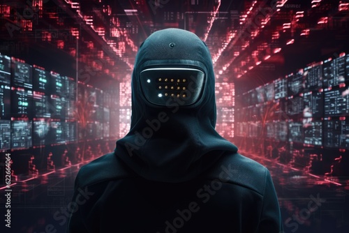 futuristic hacker guard in VR headset monitoring the data, Generative AI