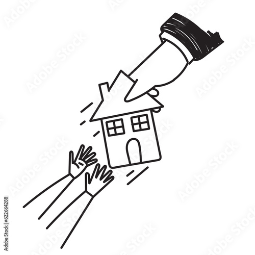 hand drawn doodle bankruptcy person fighting to hold back their house illustration