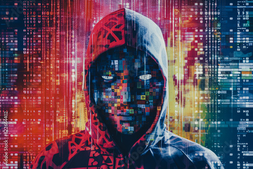 Leinwand Poster hacker in mask on dark background with digital effects, Generative AI