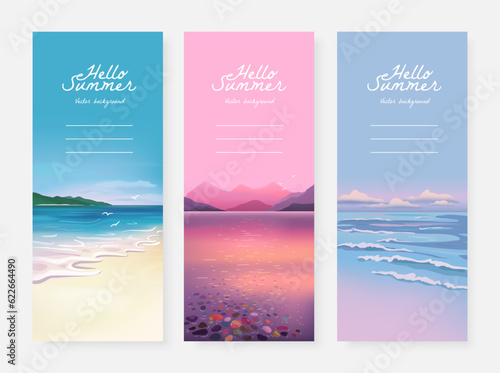 Set of beautiful vertical banner design template with sandy summer beach, lake and mountains. Set of nature landscape background. Vector illustration
